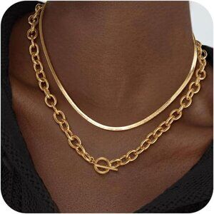 14K Gold snake -gd Plated Chunky Layered Necklace | Paperclip Herringbone Chain